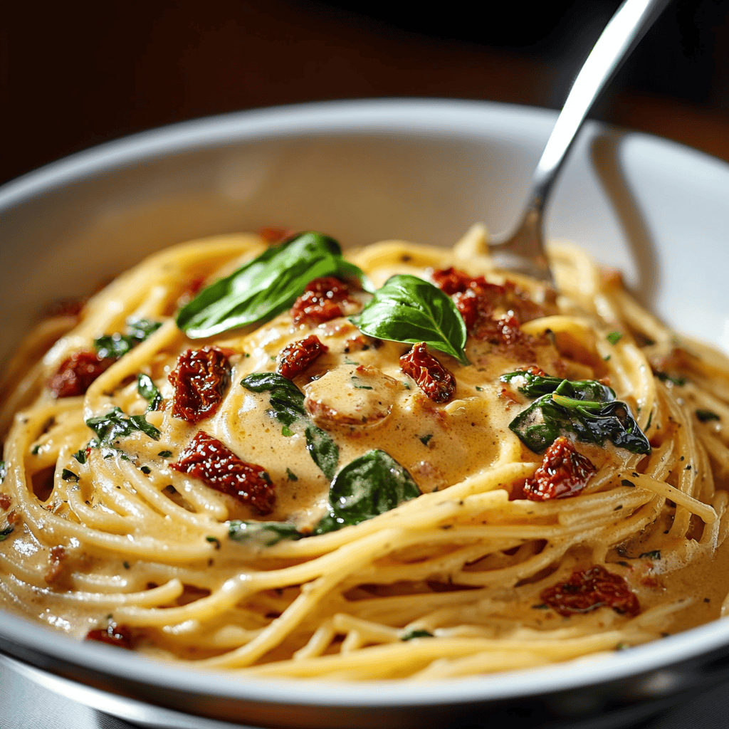 Spaghetti & Spinach with Sun-Dried Tomato Cream Sauce