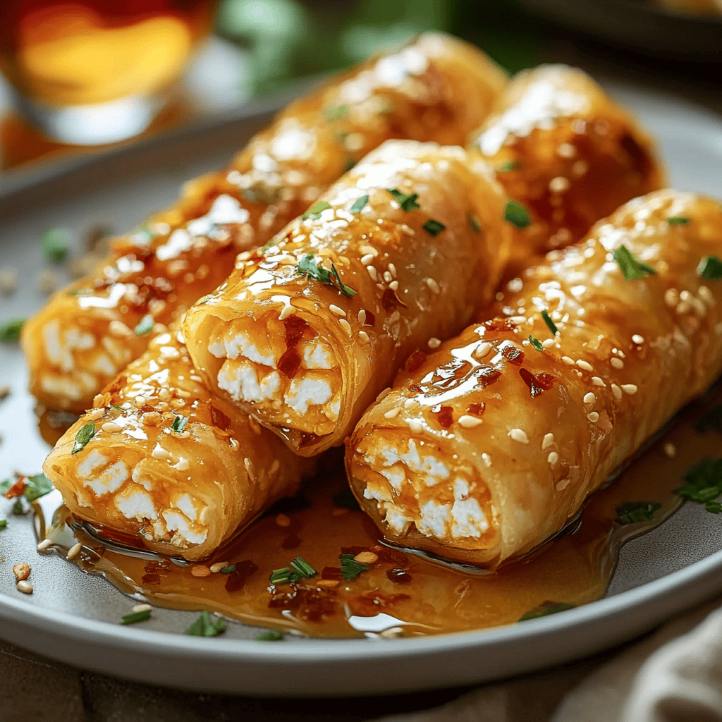 Oven Fried Feta Rolls with Chili Honey