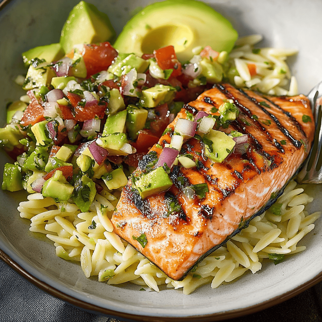 Grilled Salmon with Avocado Greek Salsa and Orzo