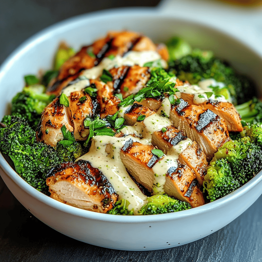 Grilled Chicken & Broccoli Bowls with Creamy Garlic Sauce