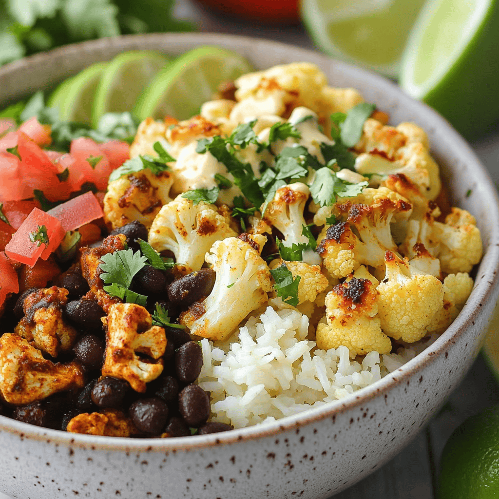 Roasted Cauliflower & Black Bean Burrito Bowl with Cilantro Lime Rice