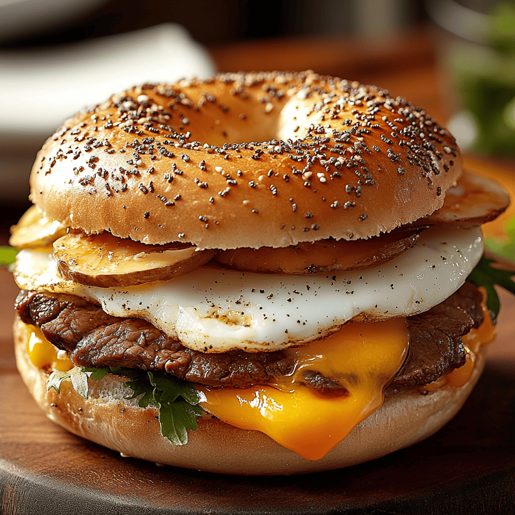 Hearty Steak Egg and Cheese Bagel Sandwich