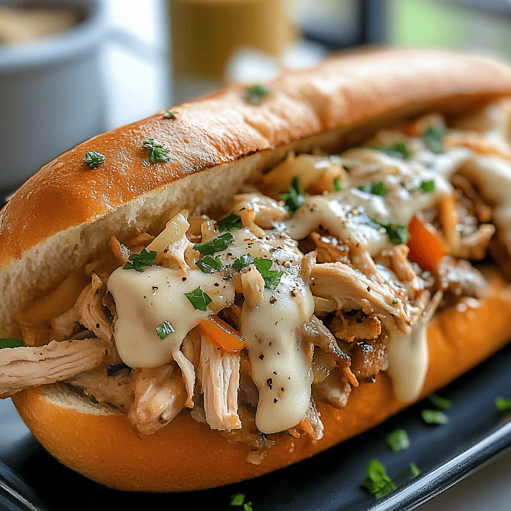 Ultimate Lazy Slow Cooker Chicken Cheesesteak Sandwich