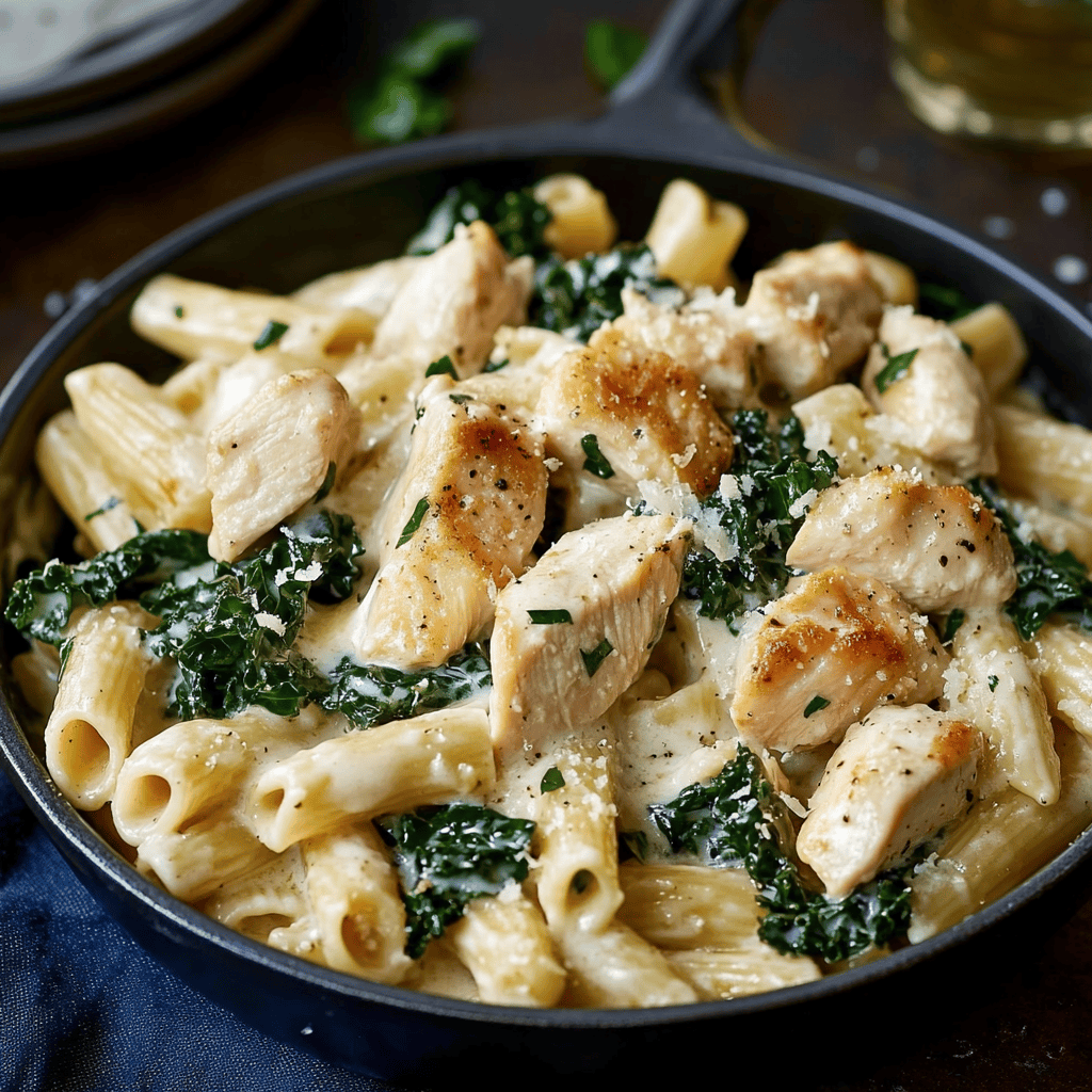 One Pot Rigatoni Alfredo with Chicken and Kale