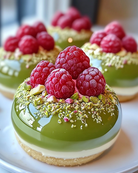Pistachio & Raspberry Cheesecake Domes – Elegant & Decadent