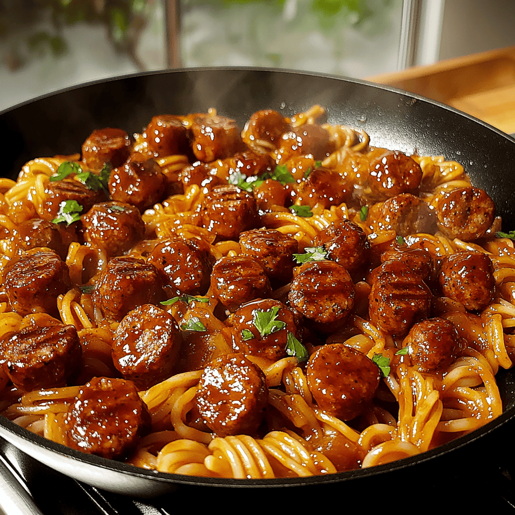 One-Skillet Spicy Honey BBQ Sausage & Pasta Recipe