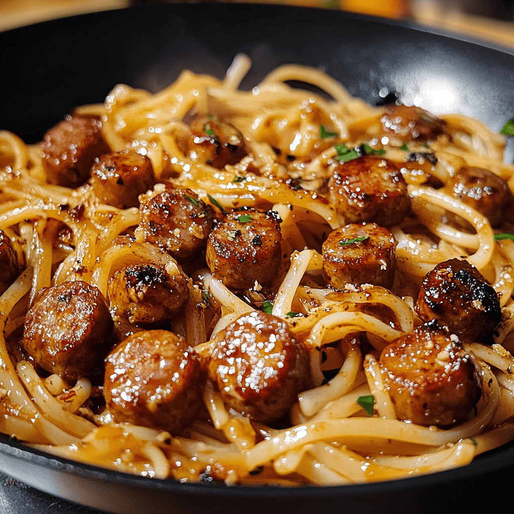 Easy Sticky Honey Garlic Sausage Pasta Skillet Recipe
