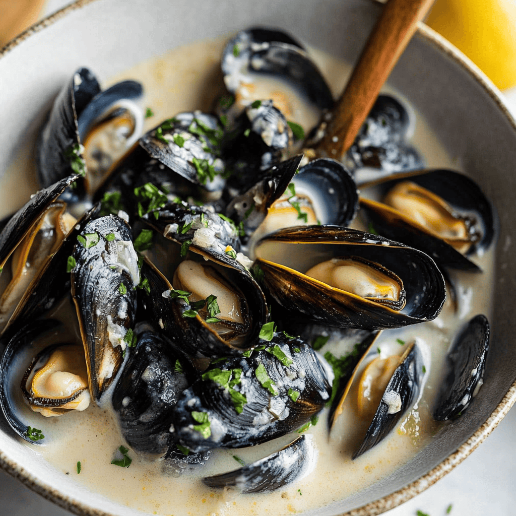 Mussels in Cream Sauce, Garlic, and Lemon
