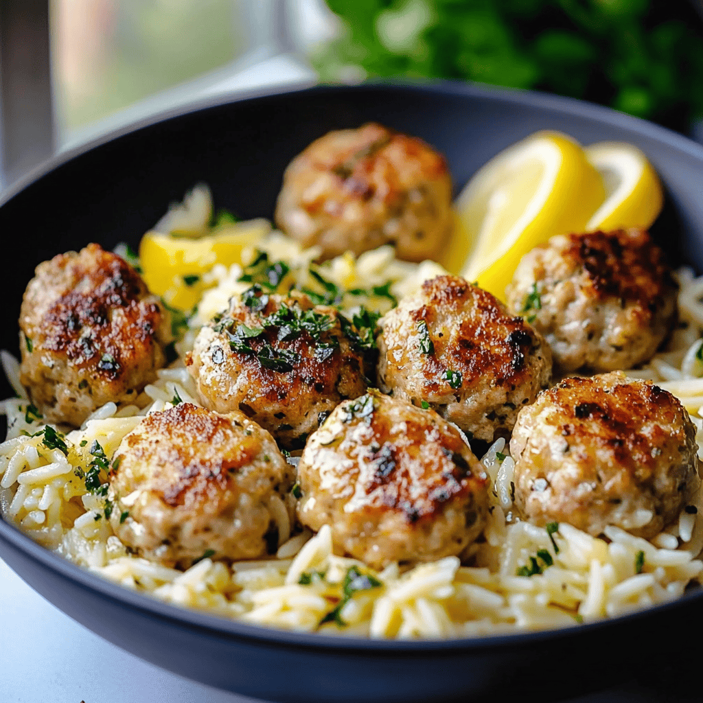 Greek Chicken Meatballs with Lemon Orzo