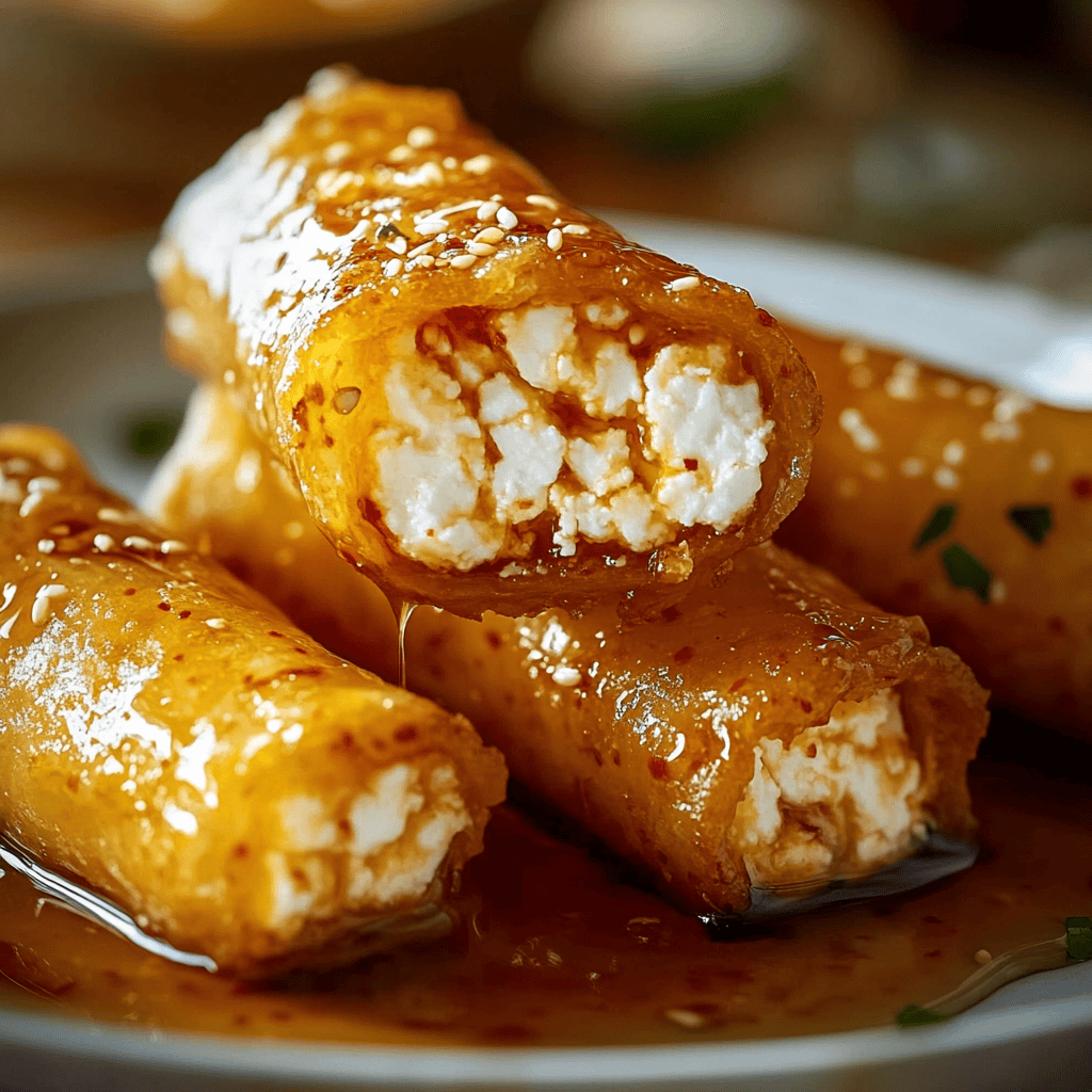 Oven Fried Feta Rolls with Chili Honey