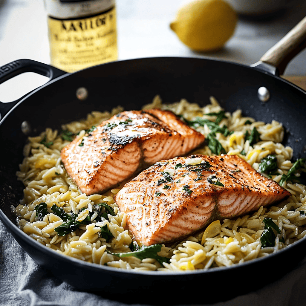 One Skillet Salmon with Lemon Orzo