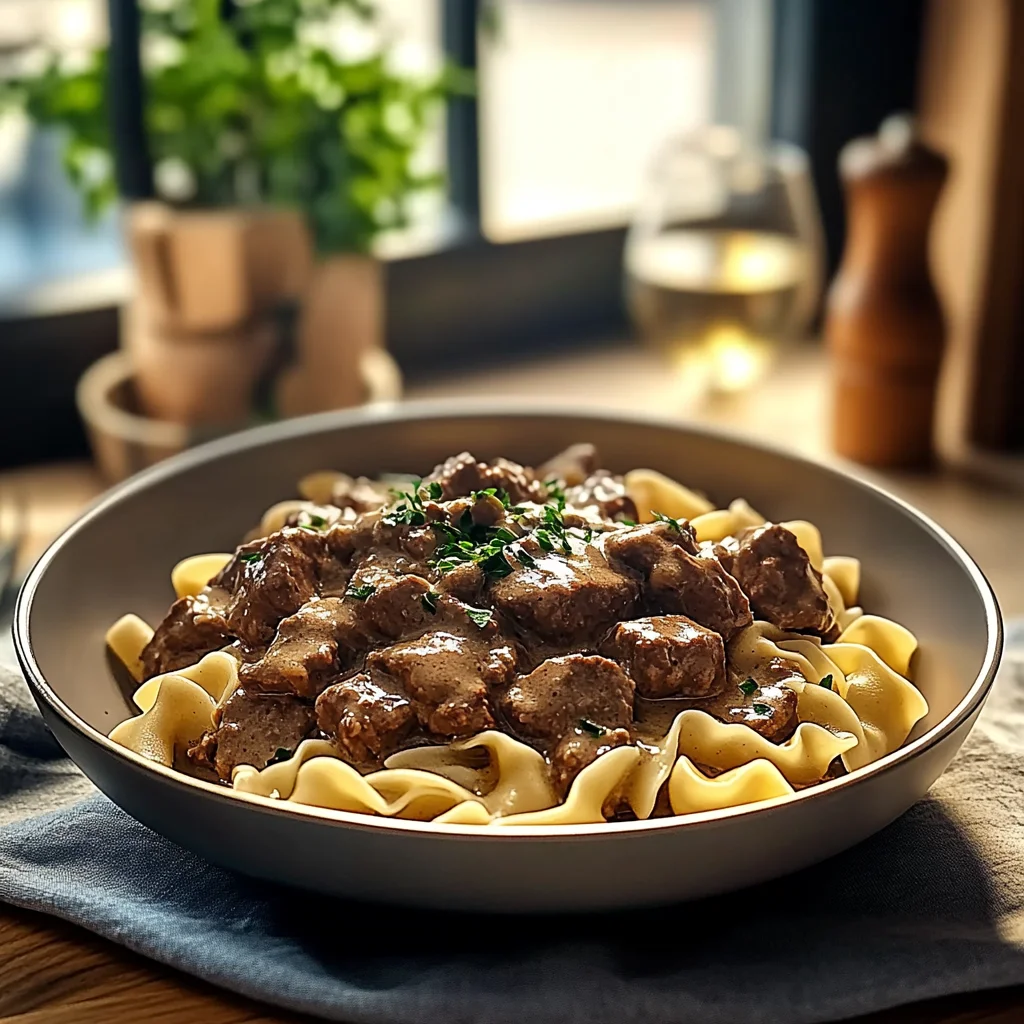 Delicious Beef Stroganoff over Creamy Egg Noodles