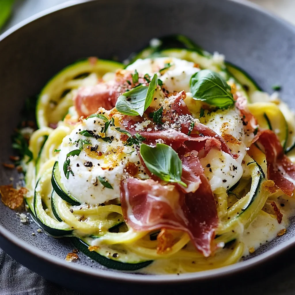 Zucchini Carbonara with Crispy Prosciutto and Burrata