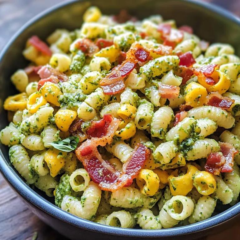 Corn Pasta Salad with Bacon and Creamy Pesto Dressing: Summer in a Bowl