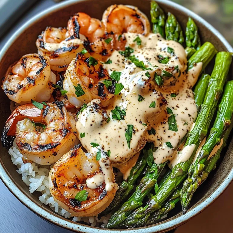 Grilled Shrimp Bowl with Asparagus & Creamy Garlic Sauce