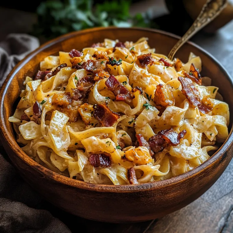 Haluski: Egg Noodles With Caramelized Onions, Bacon, & Cabbage