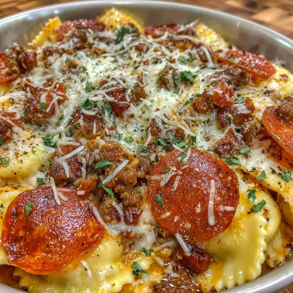 Cheesy Pizza Ravioli Bake