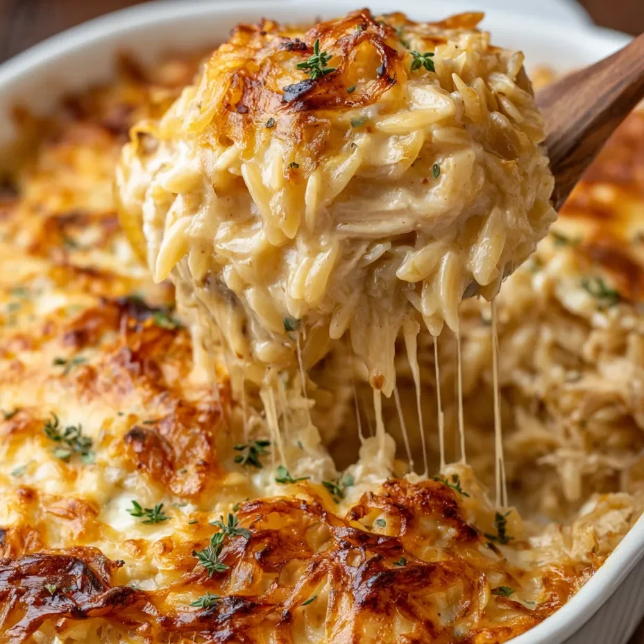 French Onion Chicken Orzo Casserole