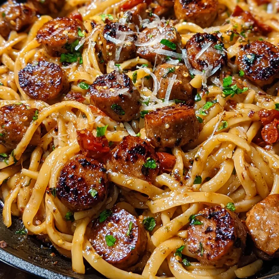 Sticky Honey Garlic Sausage Pasta Skillet