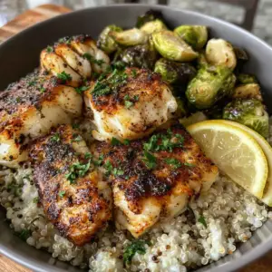 Lemon Garlic Butter Cod Bowls with Roasted Brussels Sprouts