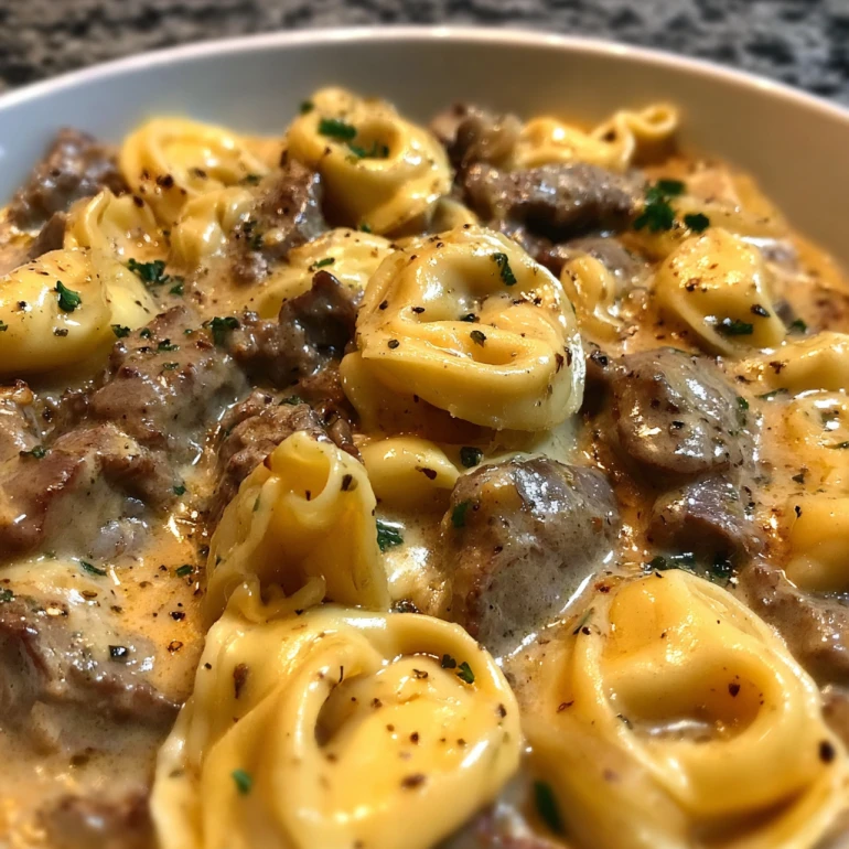 Cheesesteak Tortellini in Creamy Provolone Sauce