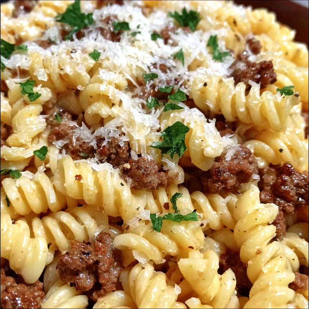 Beef and Rotini in Garlic Parmesan Sauce