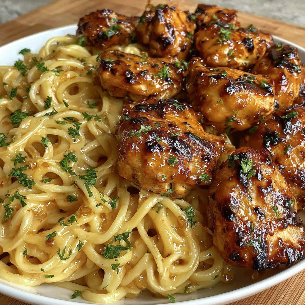 Sticky Honey Garlic Chicken with Creamy Pasta