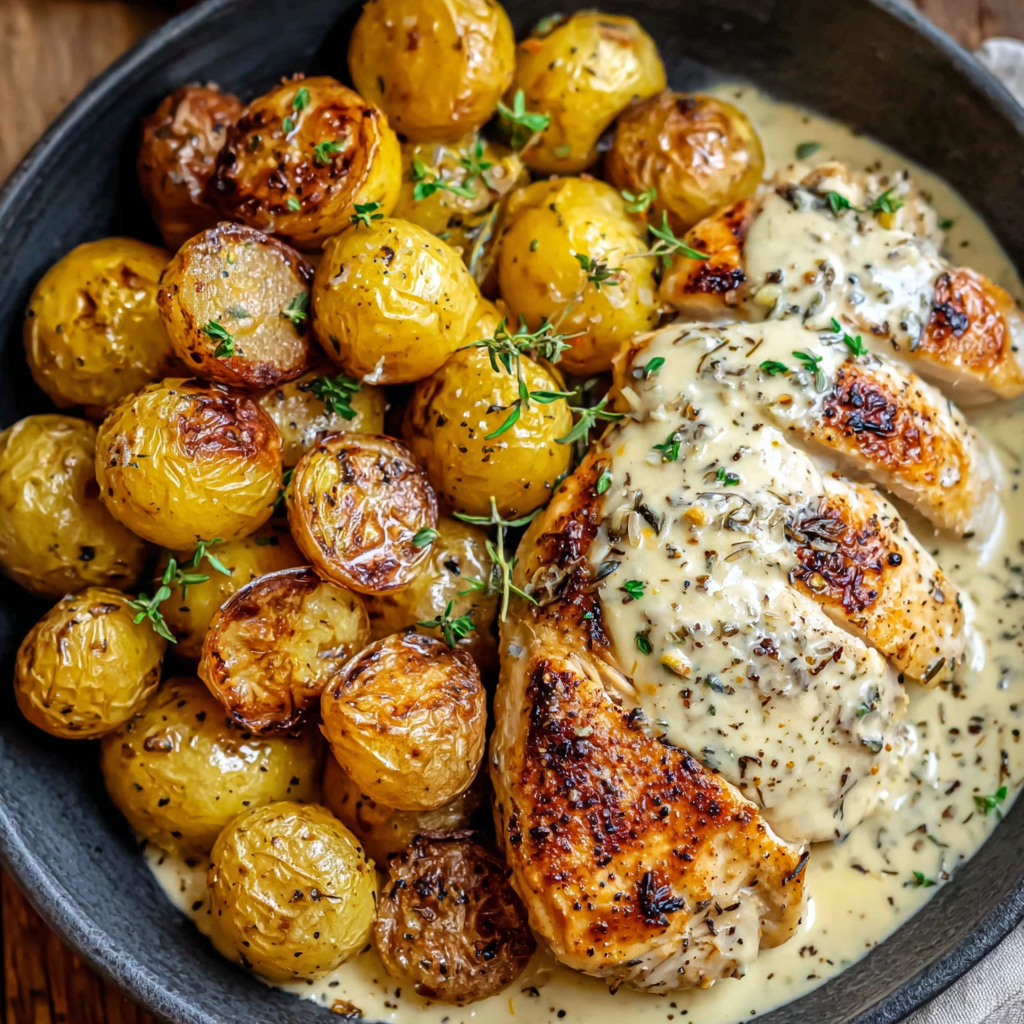 Creamy Garlic Chicken with Roasted Baby Potatoes
