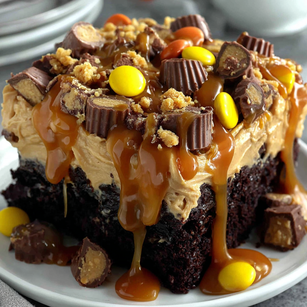 Gooey Chocolate Peanut Butter Poke Cake