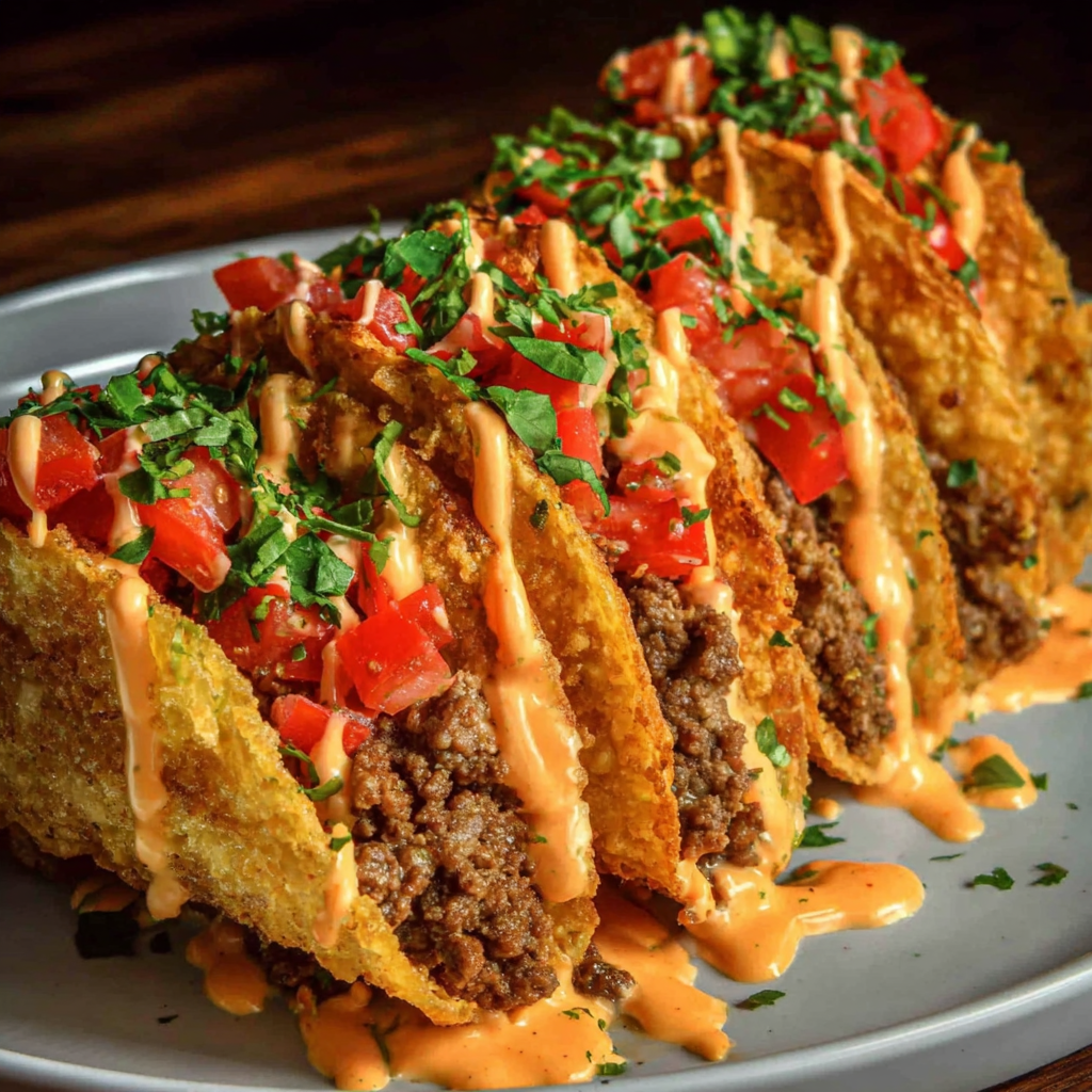 Cheesy Beef Tacos with Creamy Spicy Sauce