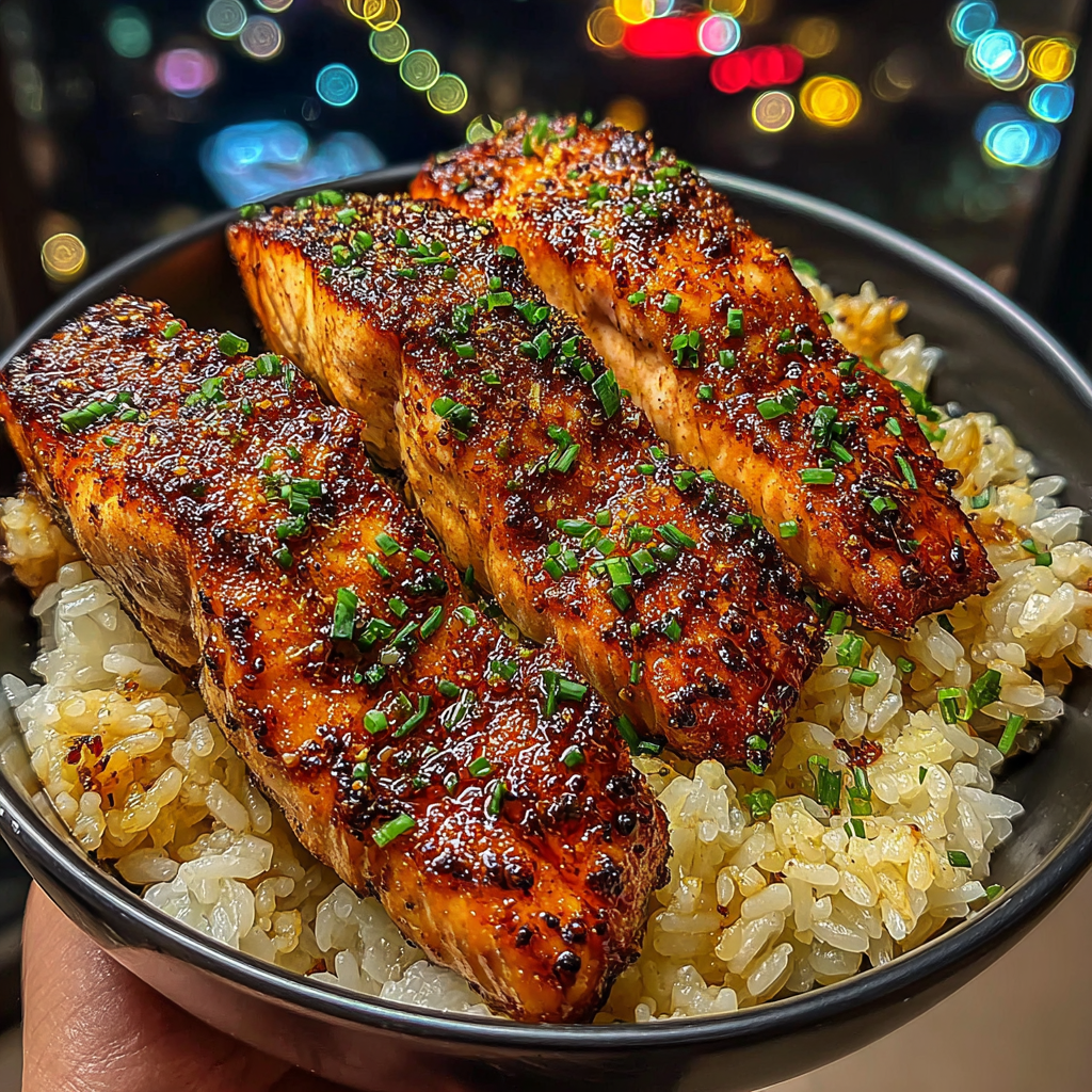 Cajun Spiced Salmon Strips with Garlic Rice