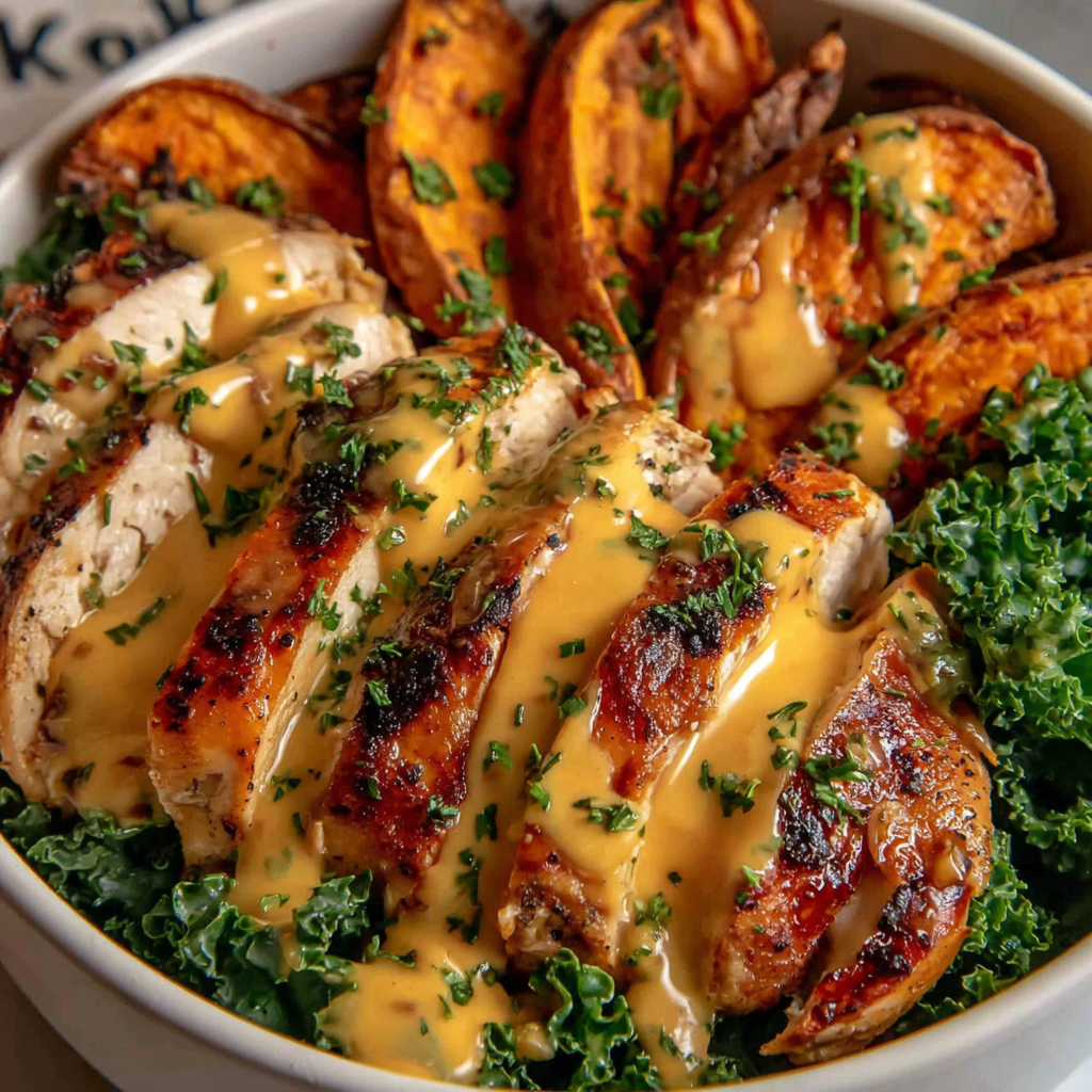 Maple Dijon Chicken & Roasted Sweet Potato Bowls