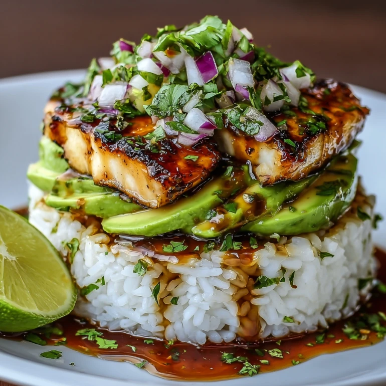 Honey Lime Chicken Avocado Rice Stack