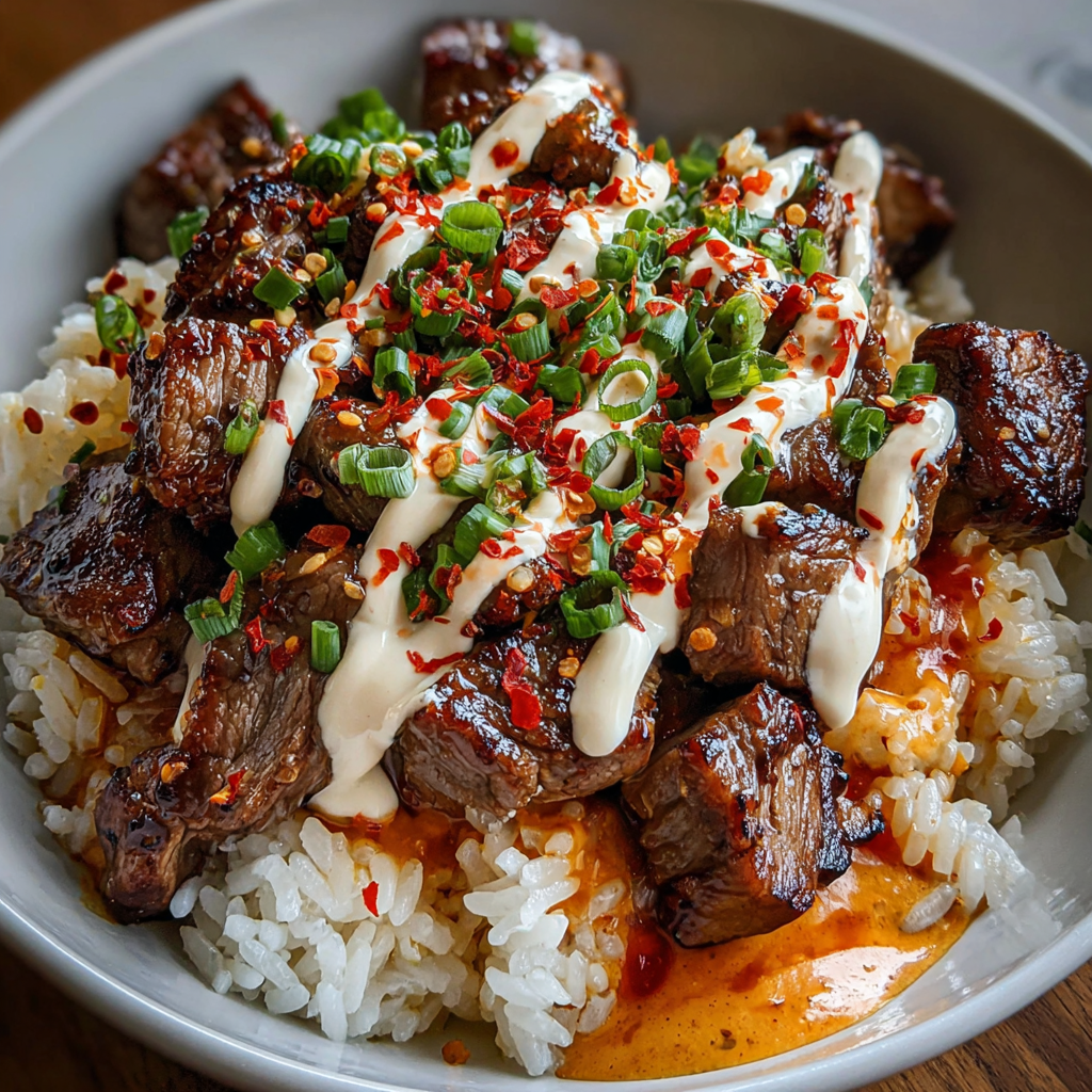 Korean BBQ Steak Rice Bowls with Spicy Cream Sauce