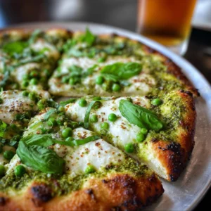 Veggie-loaded green pizza with mozzarella and pesto