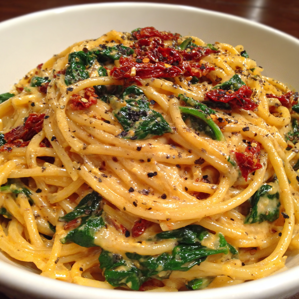 Spaghetti & Spinach with Sun-Dried Tomato Cream Sauce
