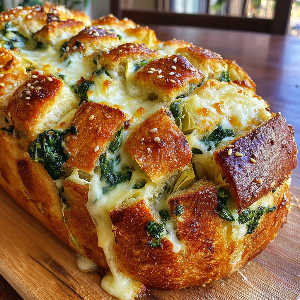 Cheesy Spinach and Artichoke Pull-Apart Sourdough Bread