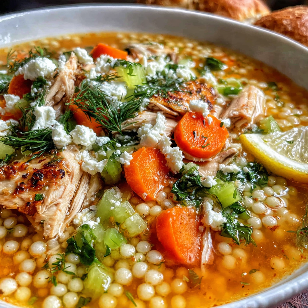 Greek Chicken Pearl Couscous Soup