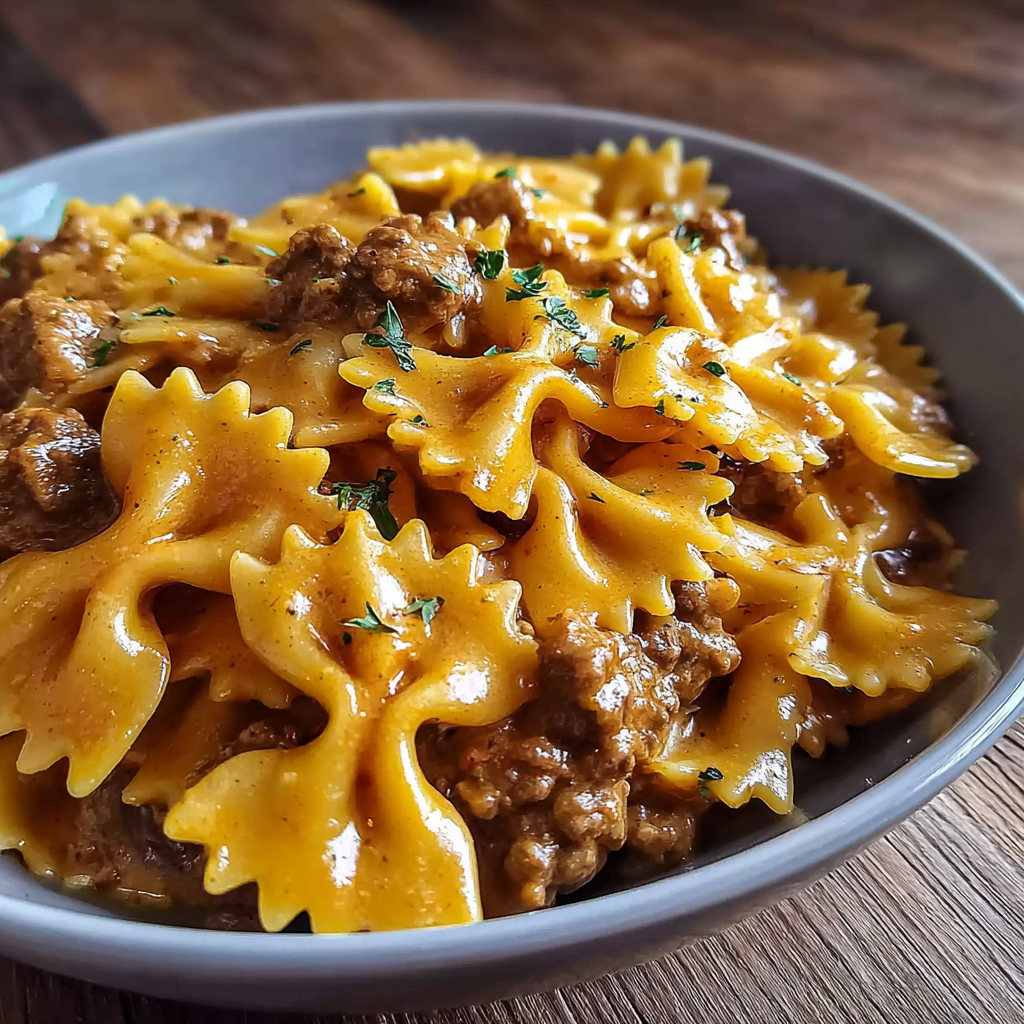 Creamy Velveeta Beef and Bow Tie Pasta