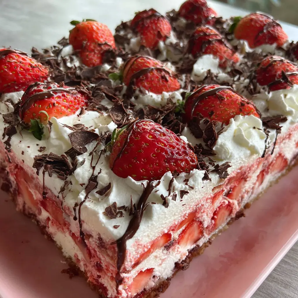 Chocolate Covered Strawberry Poke Cake