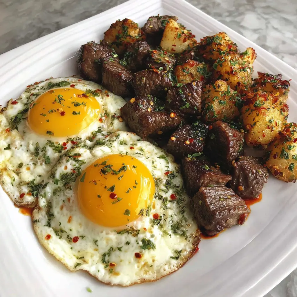 Garlic Butter Steak Bites and Fried Eggs
