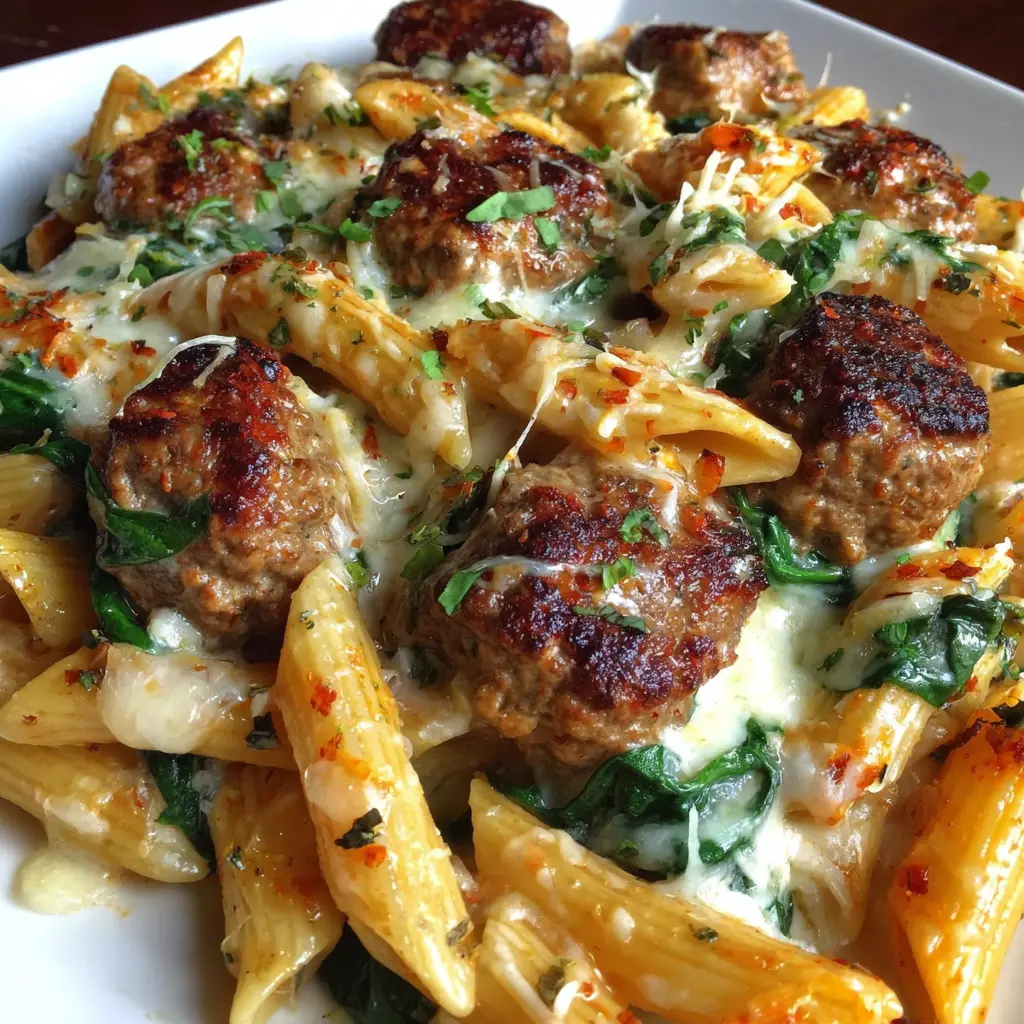 Creamy Garlic Butter Beef Penne with Sausage and Spinach