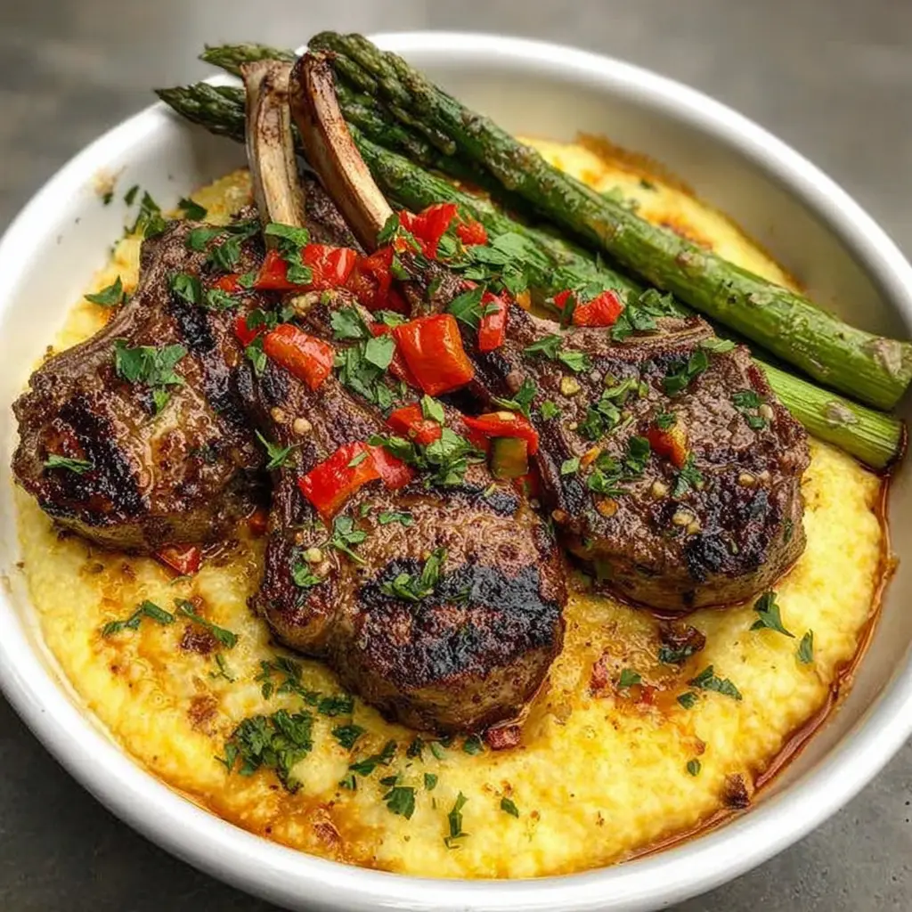 Garlic Herb Lamb Chops with Cheddar, Mashed Potatoes &Asparagus
