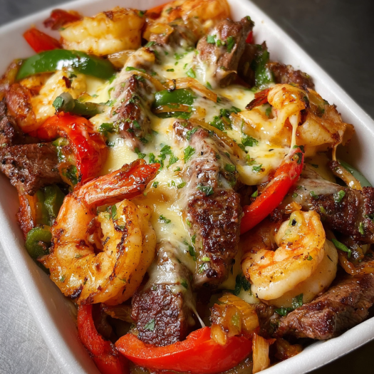 Homemade – Cheesy Steak & Shrimp Loaded Skillet