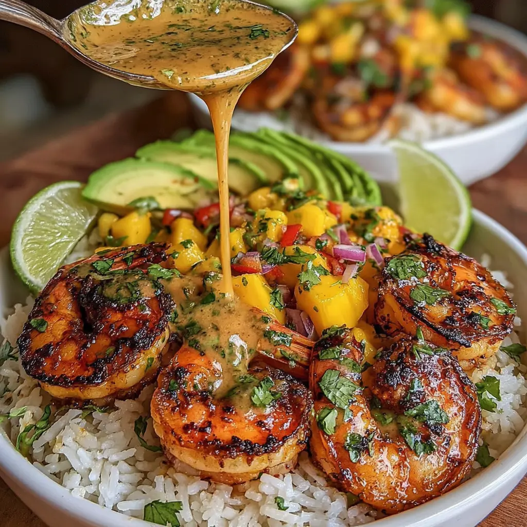 Shrimp and Avocado Bowls with Mango Salsa & Lime-Chili Sauce