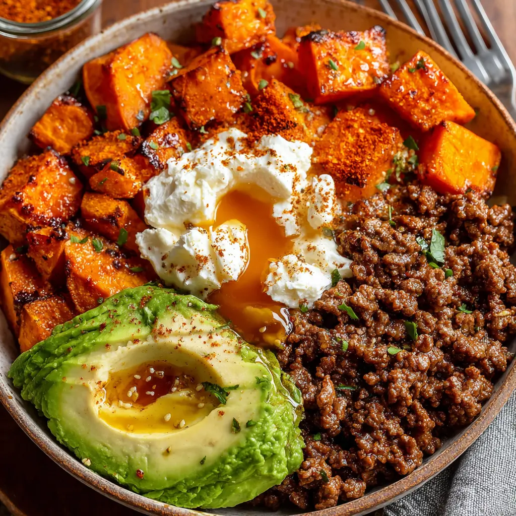 Hot Honey Cottage Cheese Sweet Potato Beef Bowl