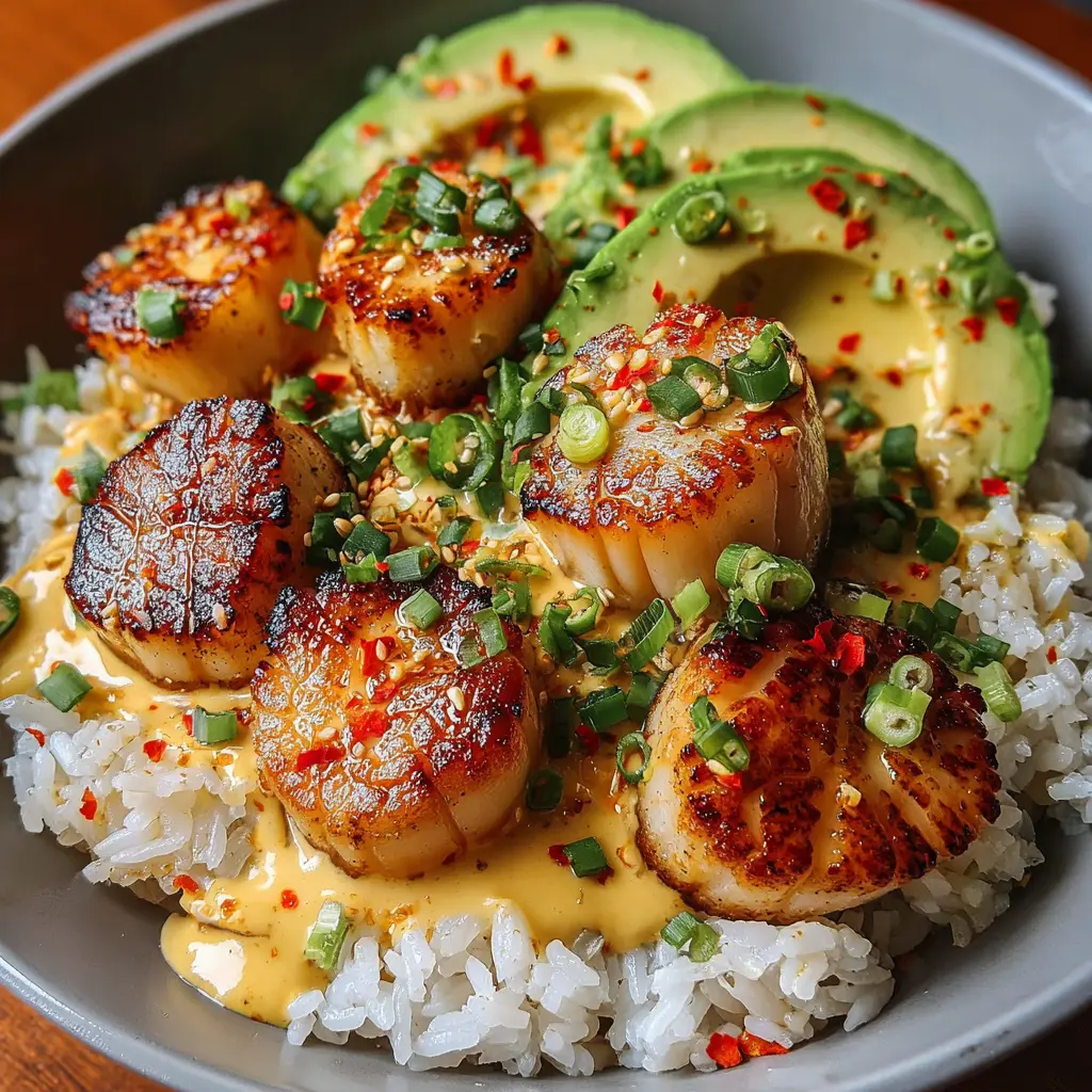 Spicy Creamy Seared Scallop Rice Bowls