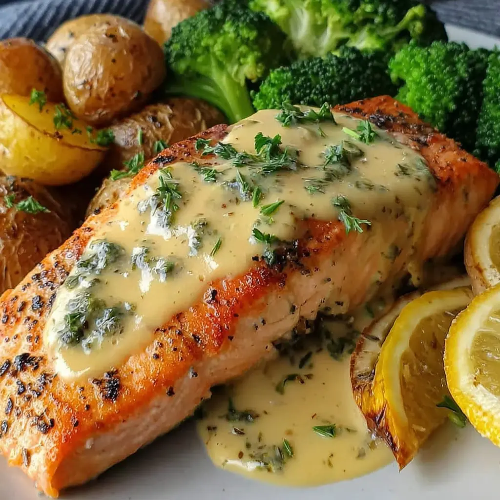 Lemon Butter Salmon with Crispy Potatoes & Broccoli