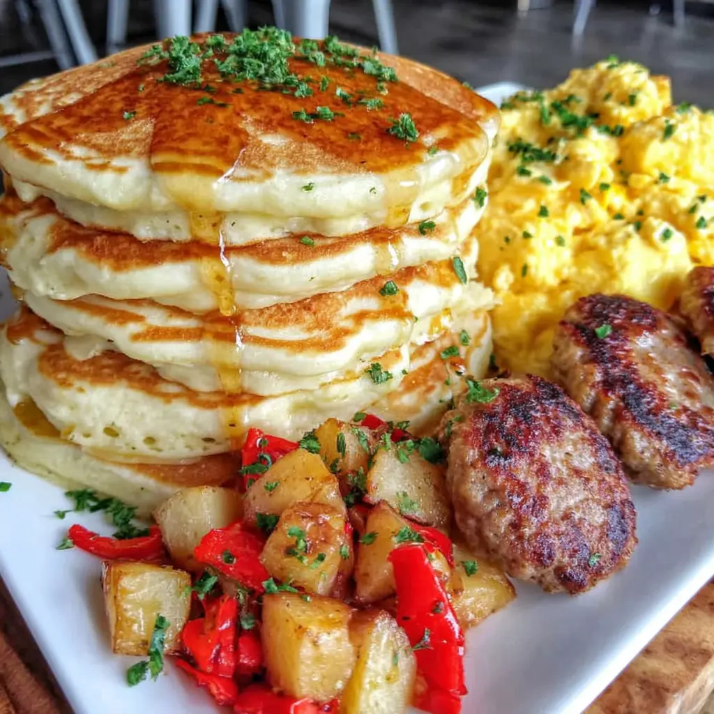 Big Breakfast Plate with Pancakes, Eggs, Sausage & Home Fries