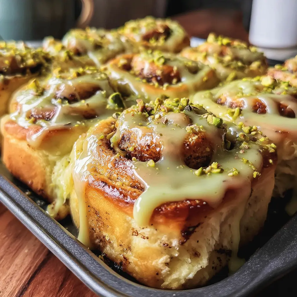 Warm Pistachio Cream Cinnamon Rolls